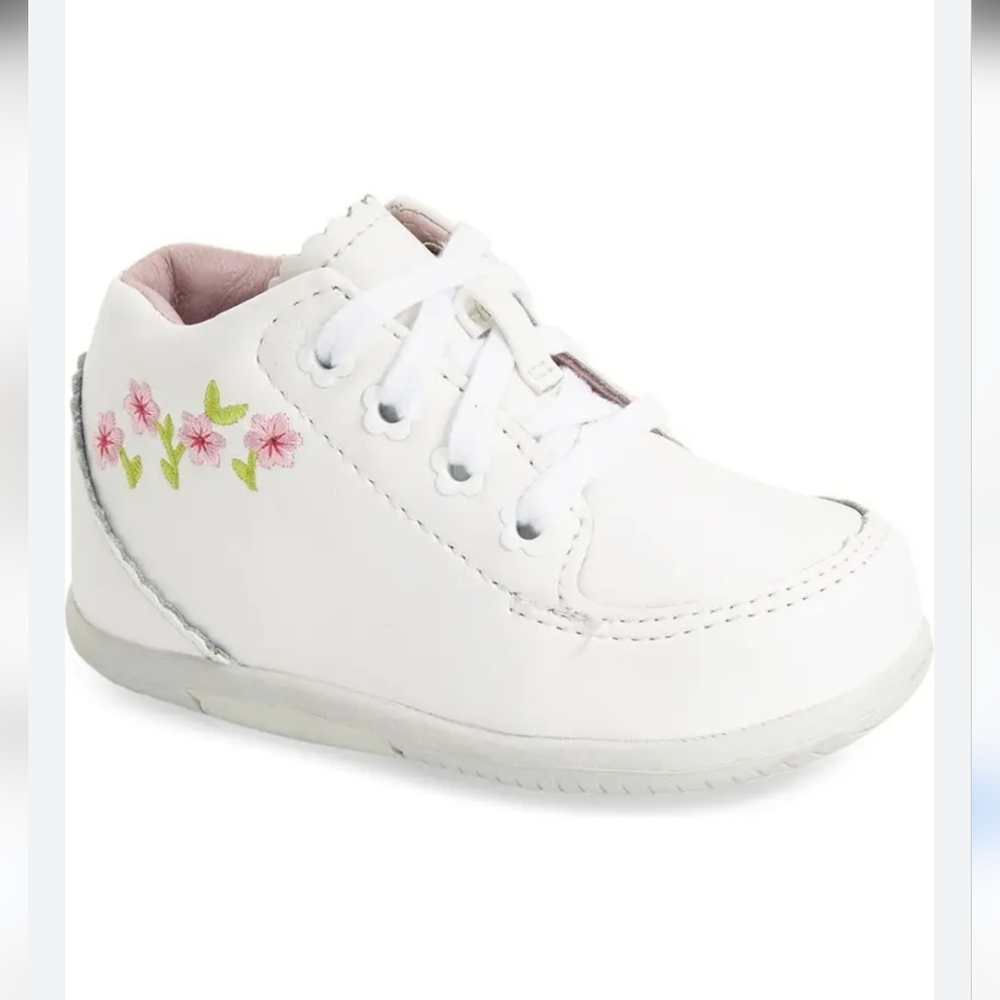 Stride Rite White Baby Shoes with Pink Floral Embroidery